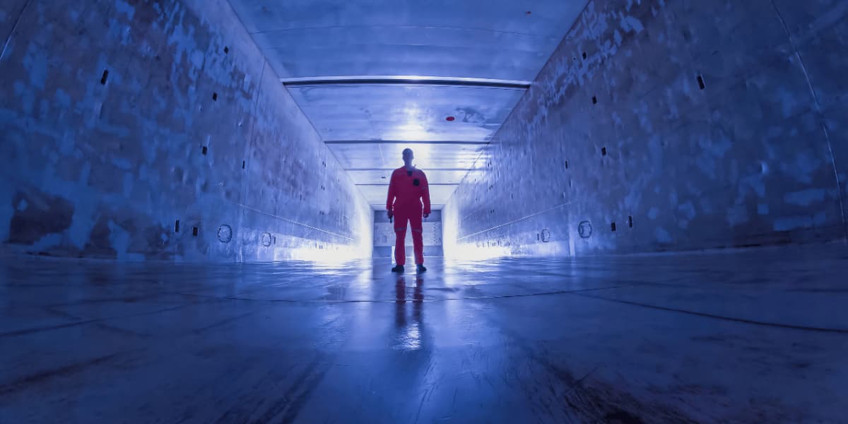 Technician inspecting the interior of a marine vessel tank