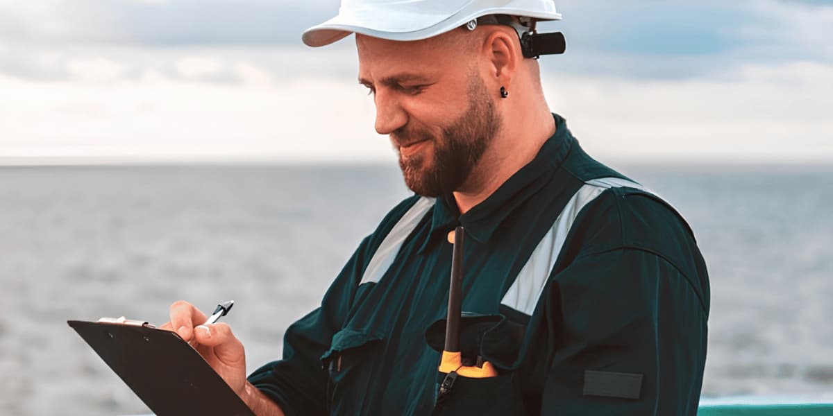 Offshore inspector documenting equipment conditions on a marine vessel
