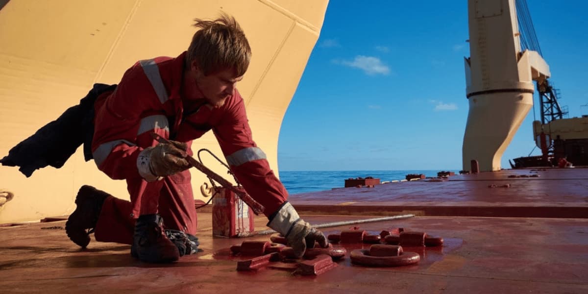 Technician applying protective coating to marine deck hardware for corrosion control