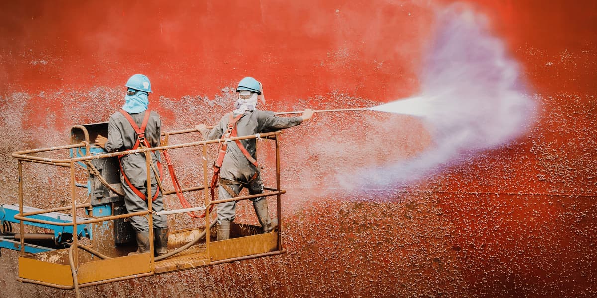 Trussco technicians performing high-pressure cleaning to remove marine fouling and buildup