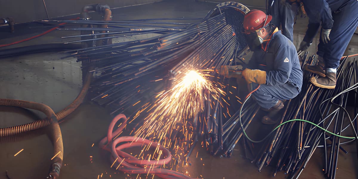 Industrial worker cutting metal tubing during fabrication work
