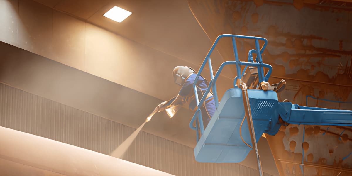 Industrial worker applying a protective coating from an aerial lift