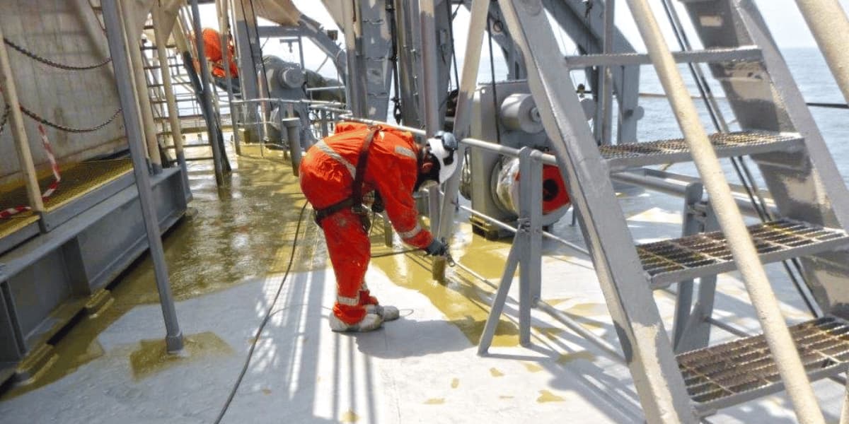 Offshore inspector documenting equipment conditions on a marine vessel