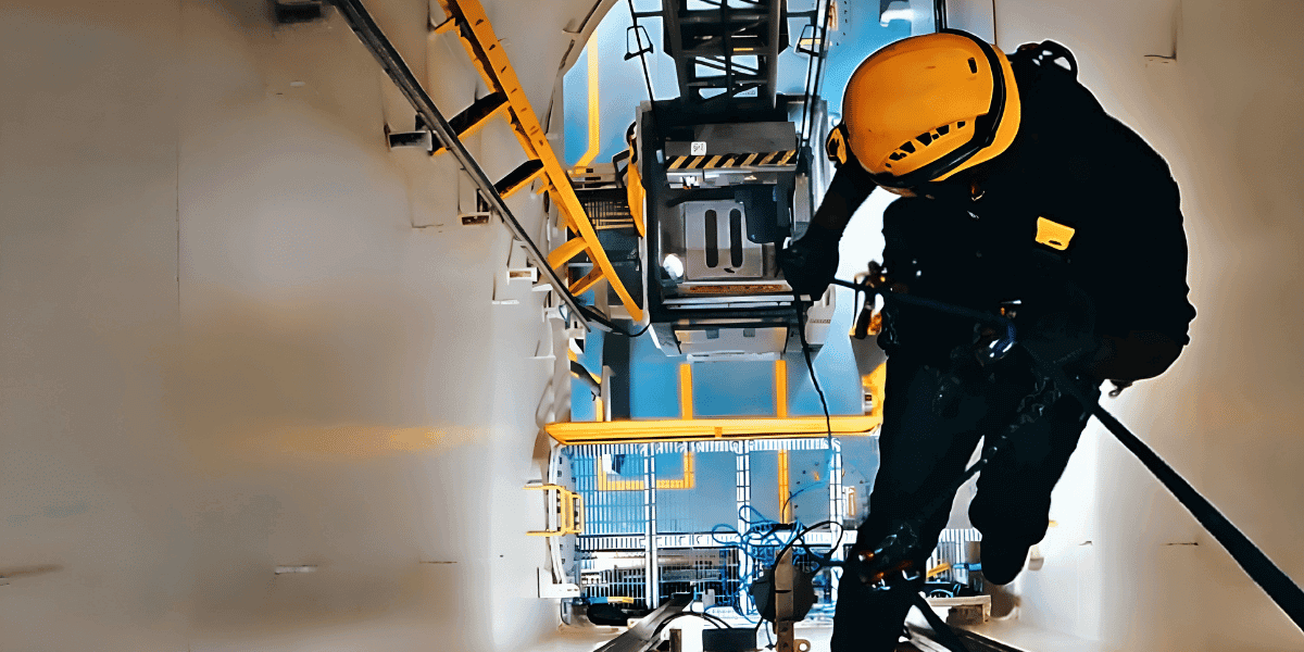 Trussco rope access technician performing maintenance inside an offshore industrial facility