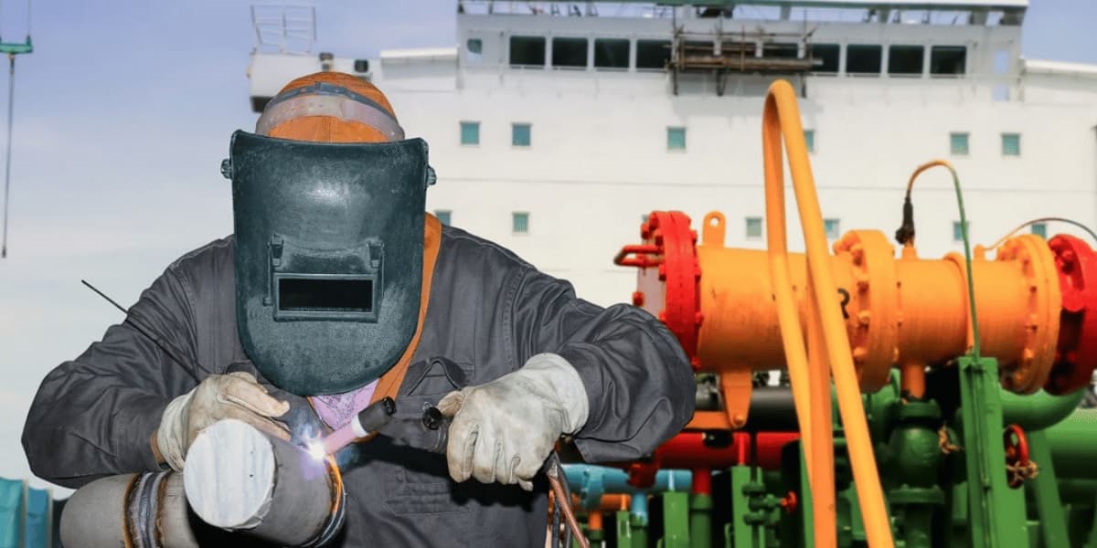 Welder performing mechanical construction work on marine equipment